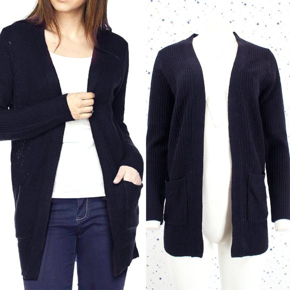 Navy Open Front Knit Sweater Cardigan w/ Pockets - Picture 1 of 5